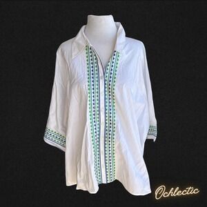 Bob Mackie White Blouse with Green and Blue Accents